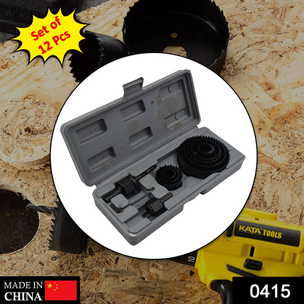 Comprehensive hole saw kit with 12 pieces.