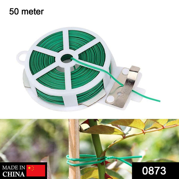 Green plastic twist tie spool for garden plants with attached cutter.