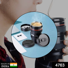 Stainless steel coffee mug with a plastic camera lens design, highlighting the unique shape