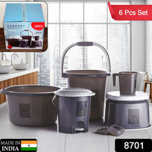 6-piece plastic bathroom accessories set with bucket, dustbin, mug, stool, soap case, and tub, different views.