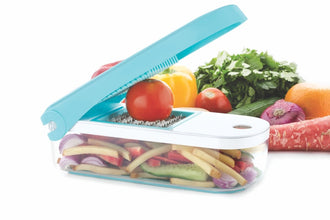 Plastic vegetable dicer by Ganesh, 7-in-1, blue color, shown from different perspectives.